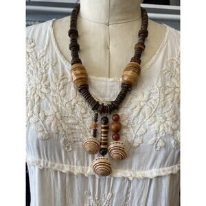 vintage 1980s statement necklace wood and shells bohemian hippie jewelry ethnic